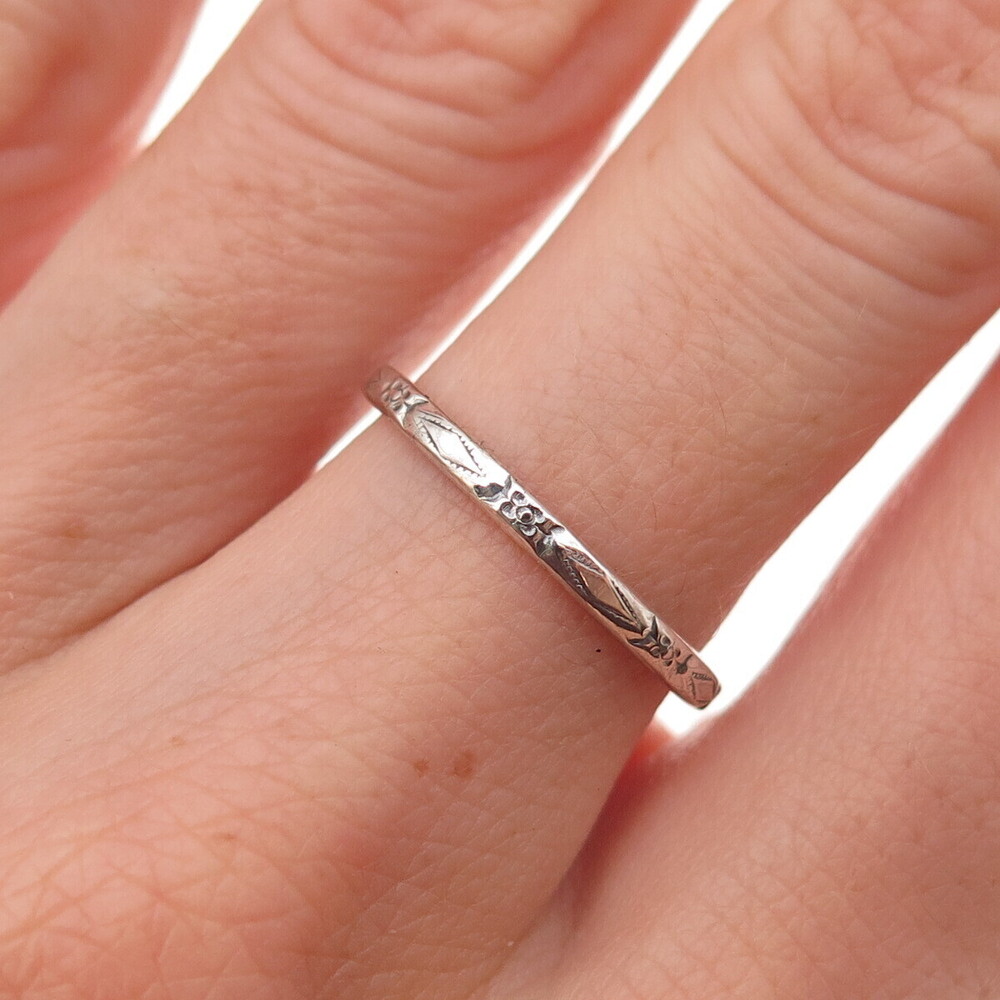 925 Sterling Silver Antique Art Deco Floral Stackable Oxidized Band Ring Size 7